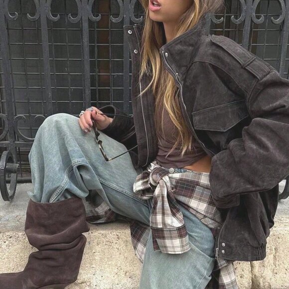 Dark Grey Casual Streetwear Women's Suede Bomber Jacket - Picture 3 of 6